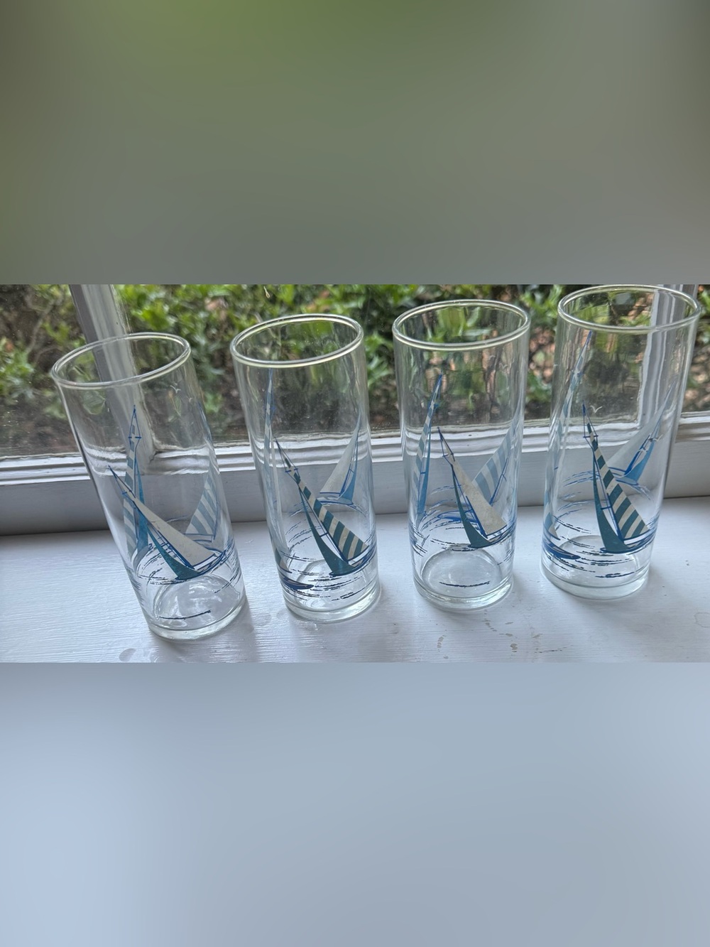 MCM Vintage Blue/White Sailboat Design Highball Glass Set of 4 Coastal Nautical
